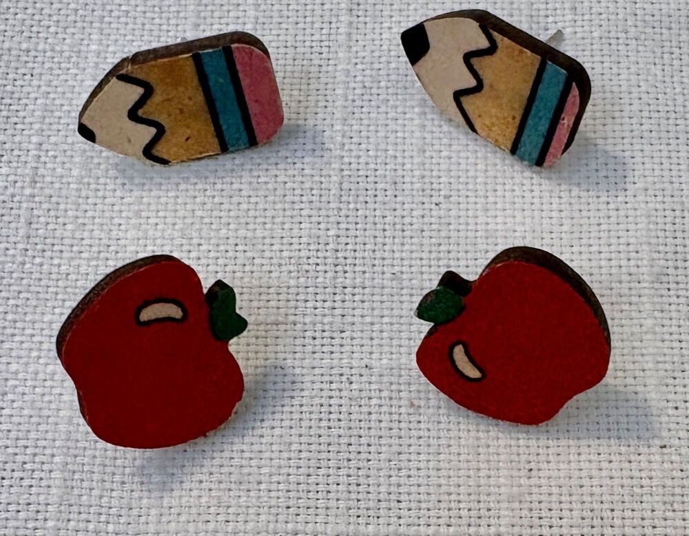 Earrings Wooden Pencil , Apples For Teacher Or Student Gift